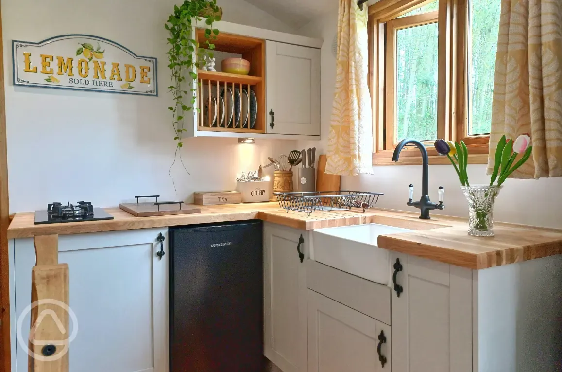 Heartwood shepherd's hut kitchen area