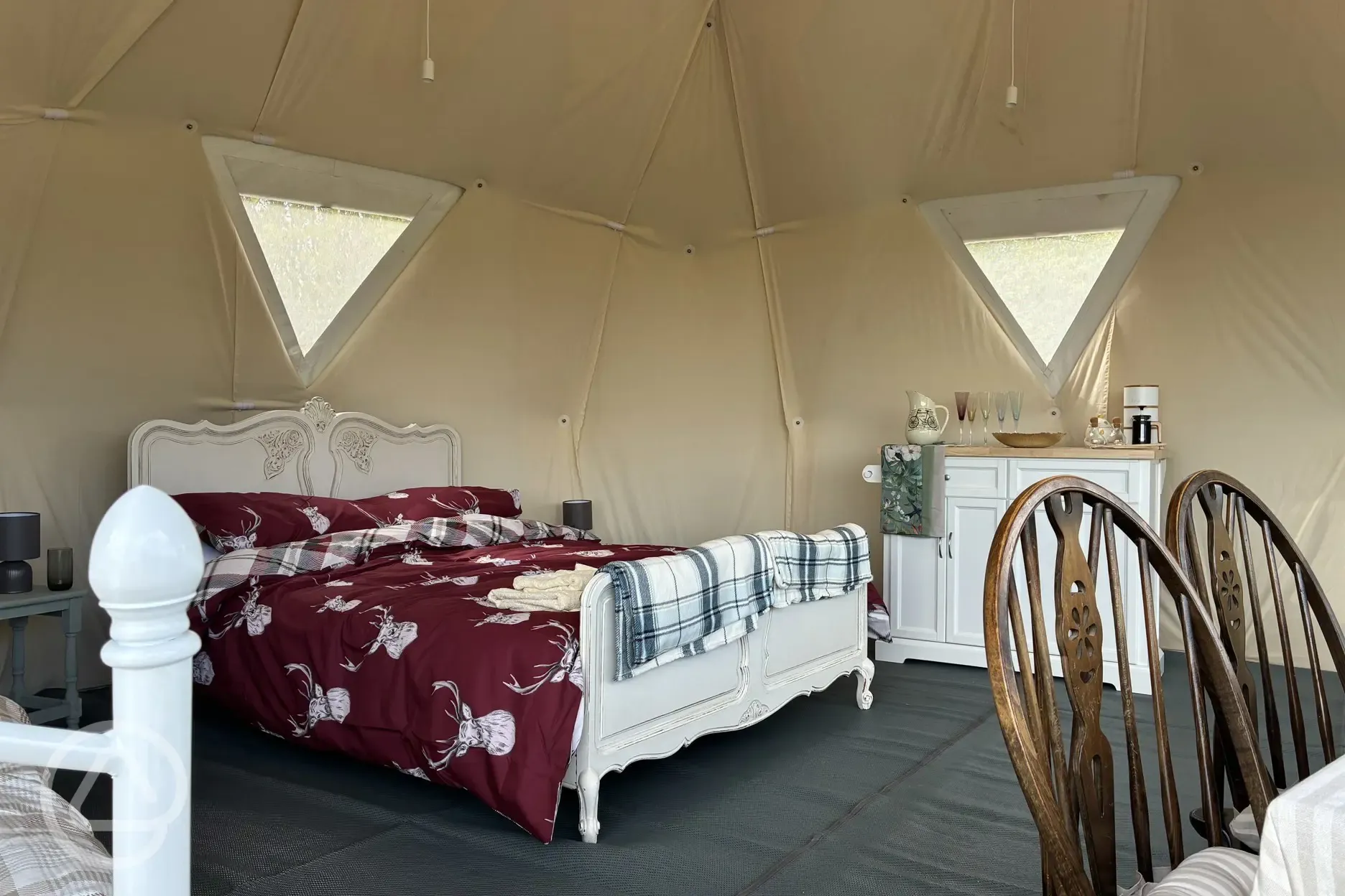 Geodome interior - king-sized bed and kitchenette