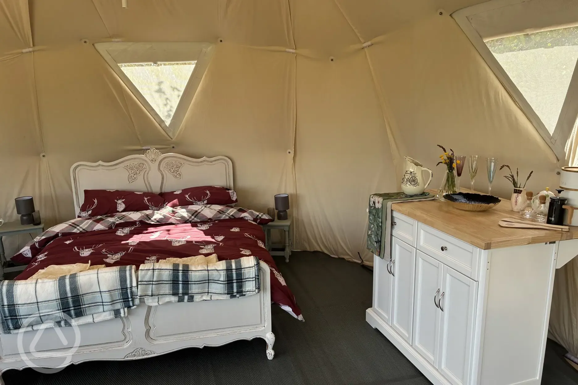 Geodome interior - king-sized bed and kitchenette
