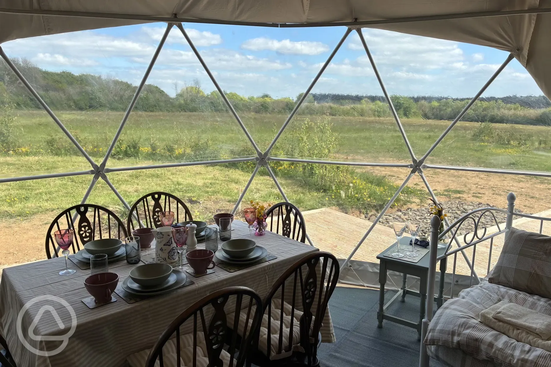 Geodome interior - dining table and view