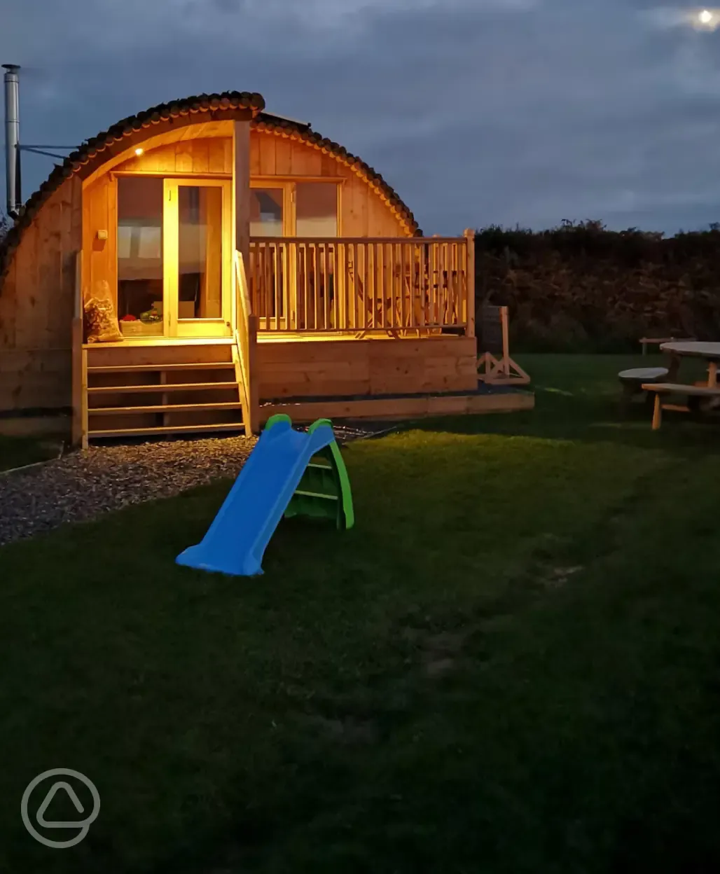 Glamping pod at night