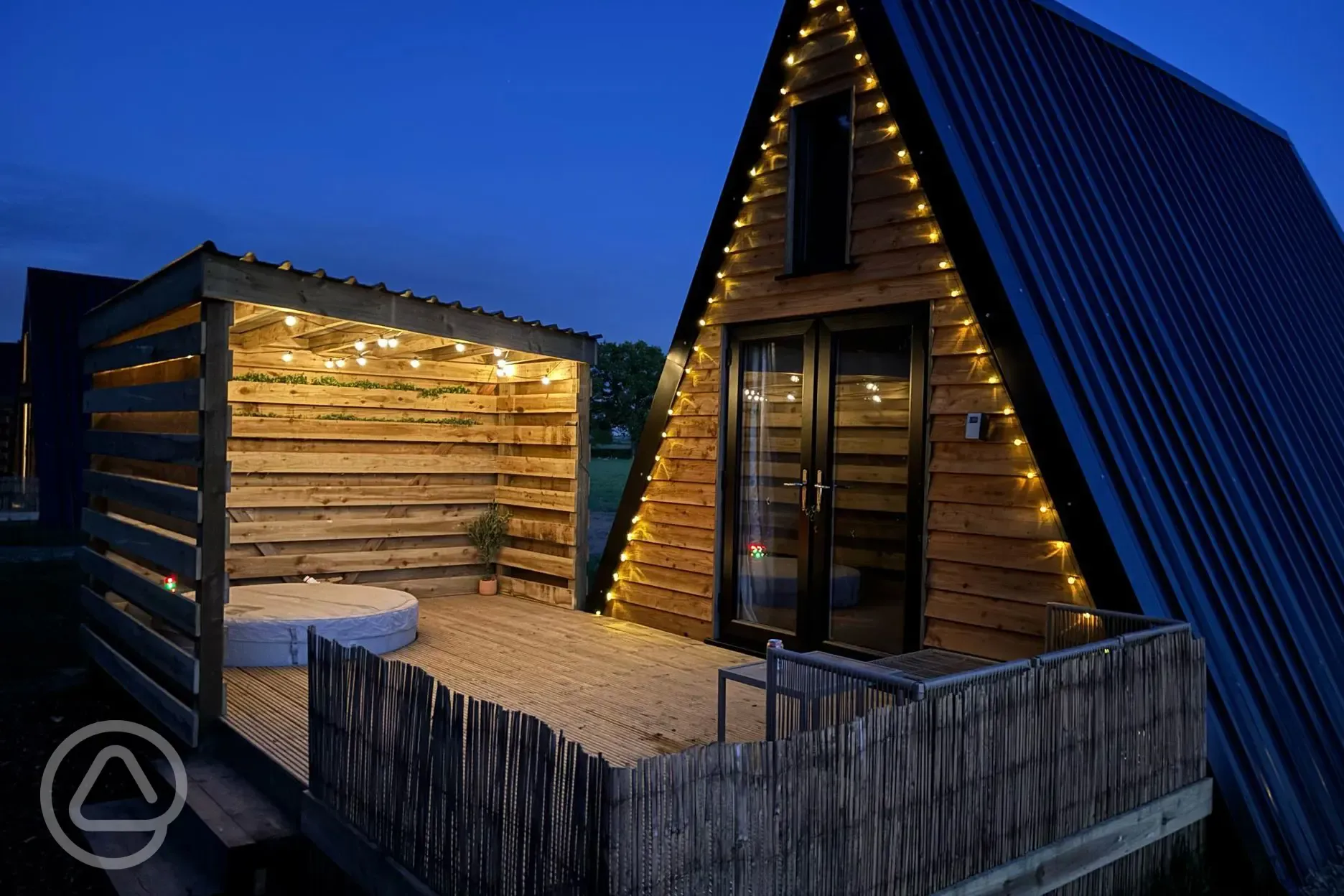 Glamping cabin at night