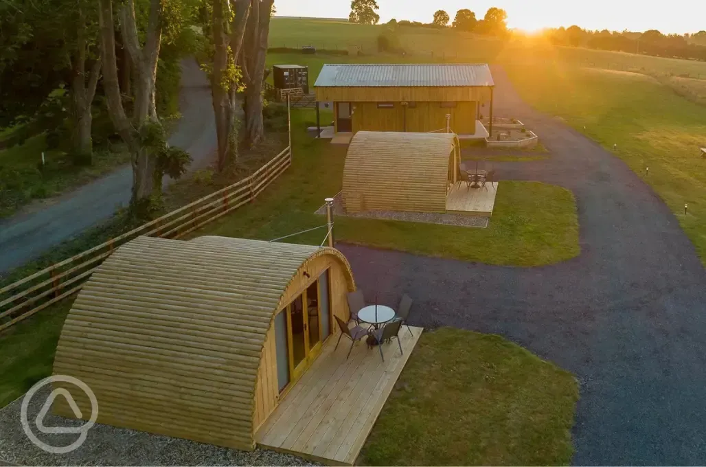 Glamping pods at sunset