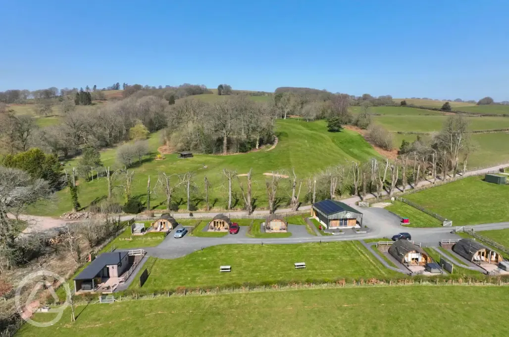 Aerial of 68 Degrees West Glamping and the surrounding countryside