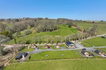 Aerial of 68 Degrees West Glamping and the surrounding countryside