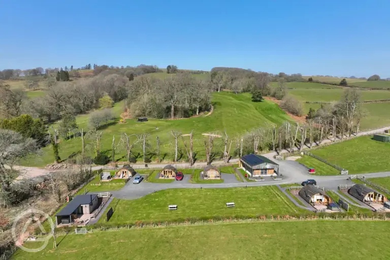 Aerial of 68 Degrees West Glamping and the surrounding countryside