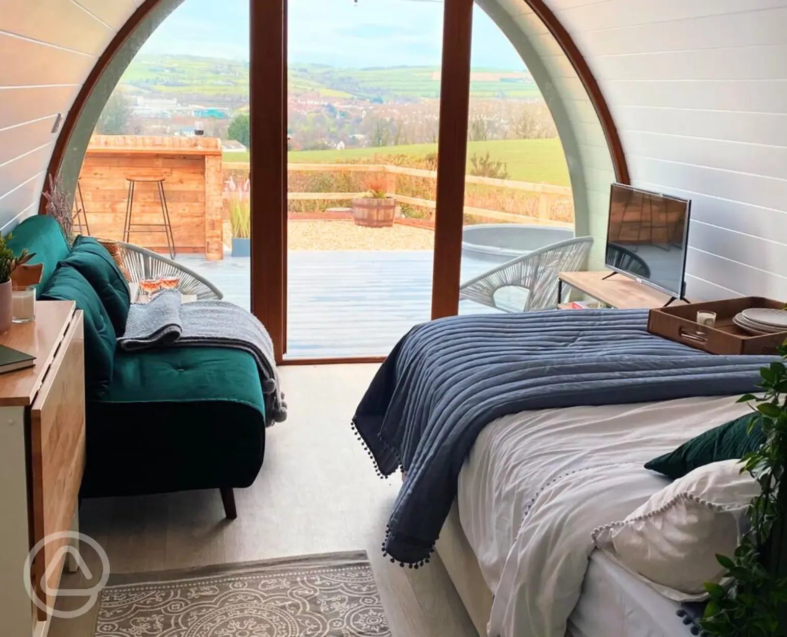 Deluxe glamping pod interior and views