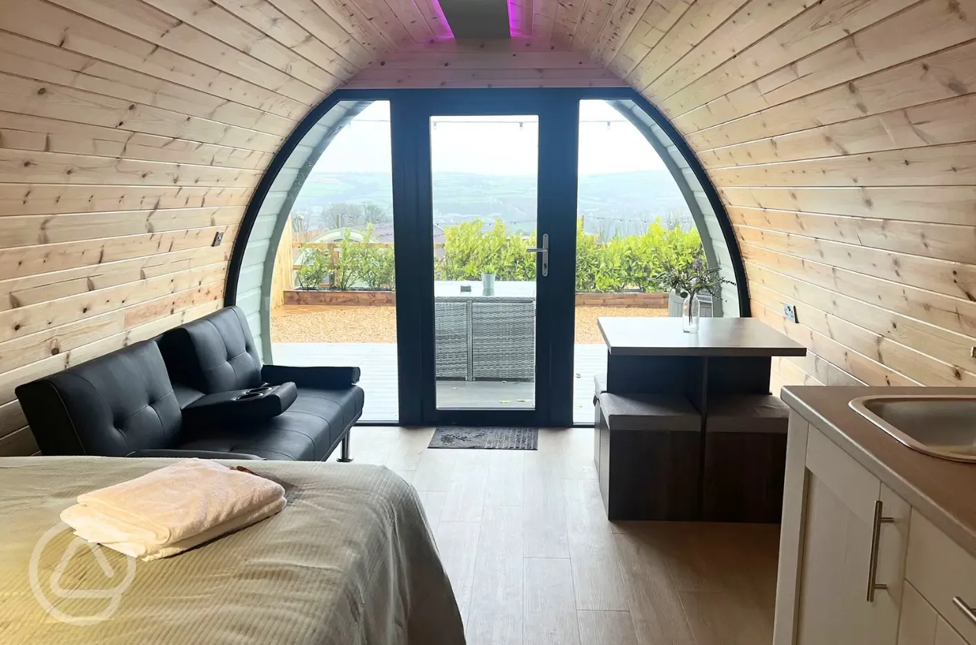 XL glamping pod interior and views