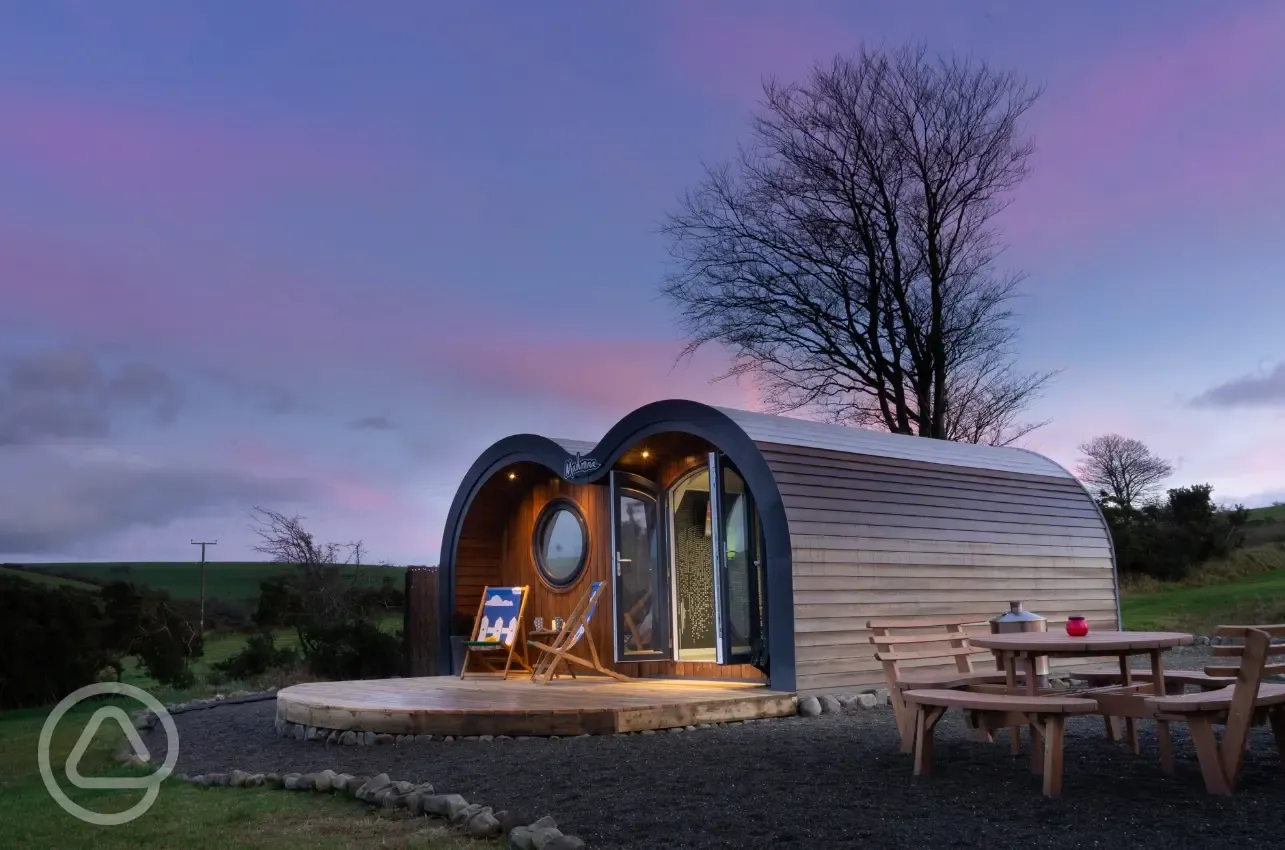 Glamping pod at night