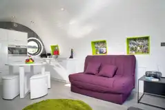 Madonna glamping pod living area and kitchen