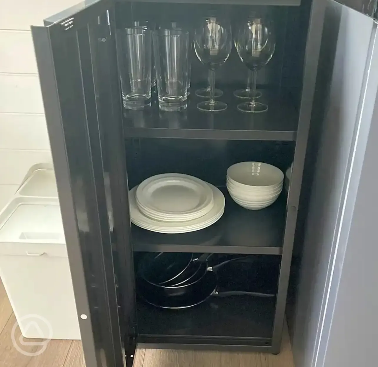 Ensuite glamping pod kitchen cupboards