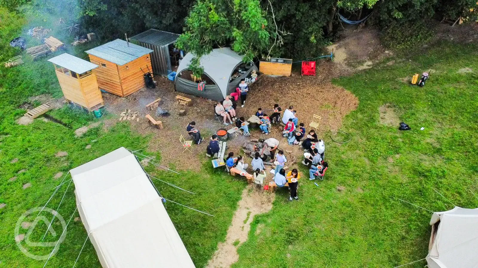 Aerial view of campfire and site facilities