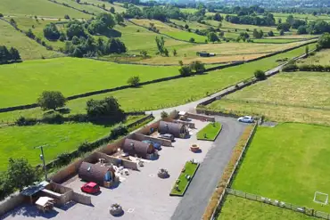 Aerial of Gillcumber Glamping Pods and surrounding Cumbrian countryside