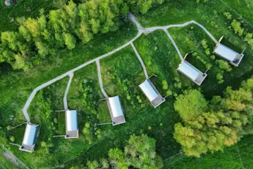 Aerial of the glamping pods