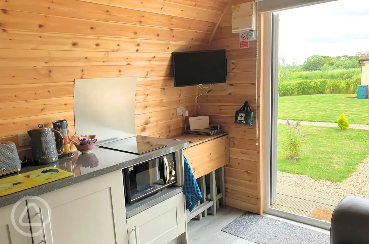 Seadreams glamping pod kitchen and TV Seadreams glamping pod kitchen and TV