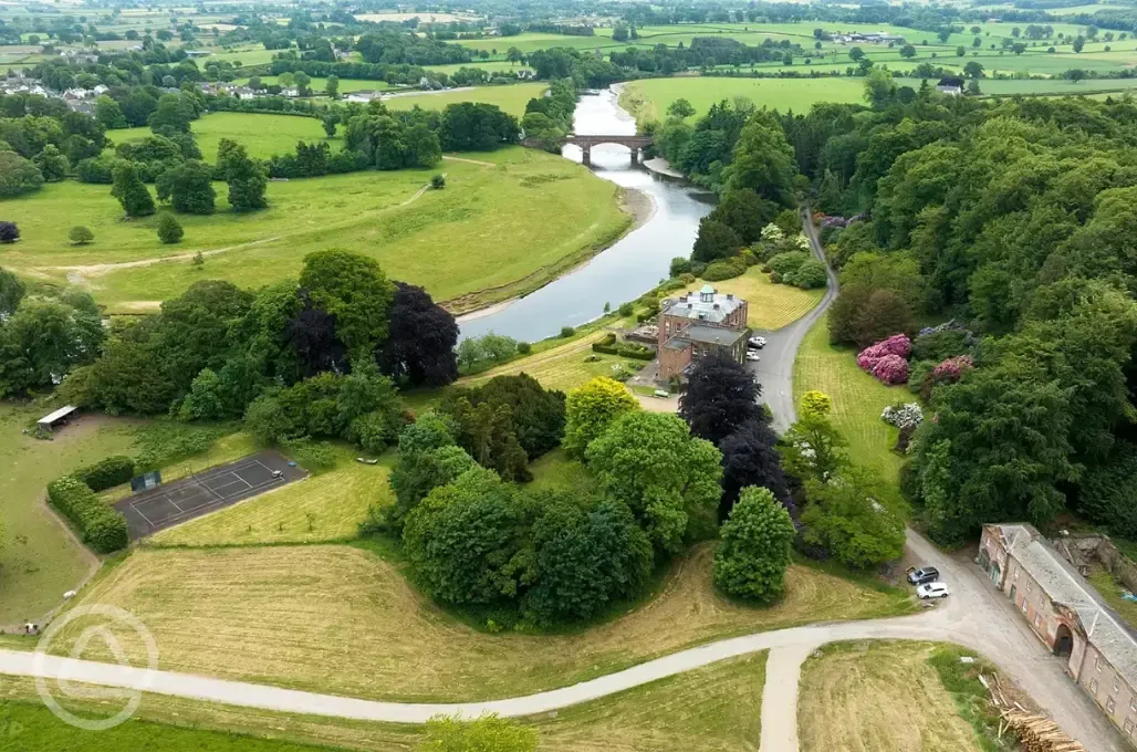 Aerial of Warrick Hall and River Eden