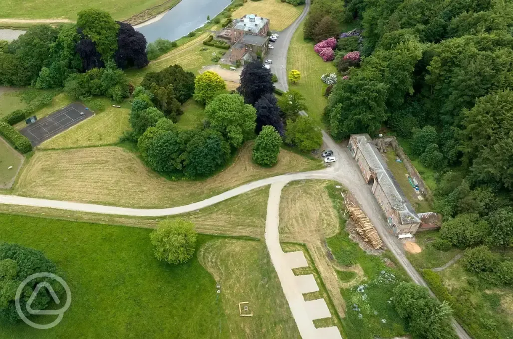 Aerial of site and Warrick Hall