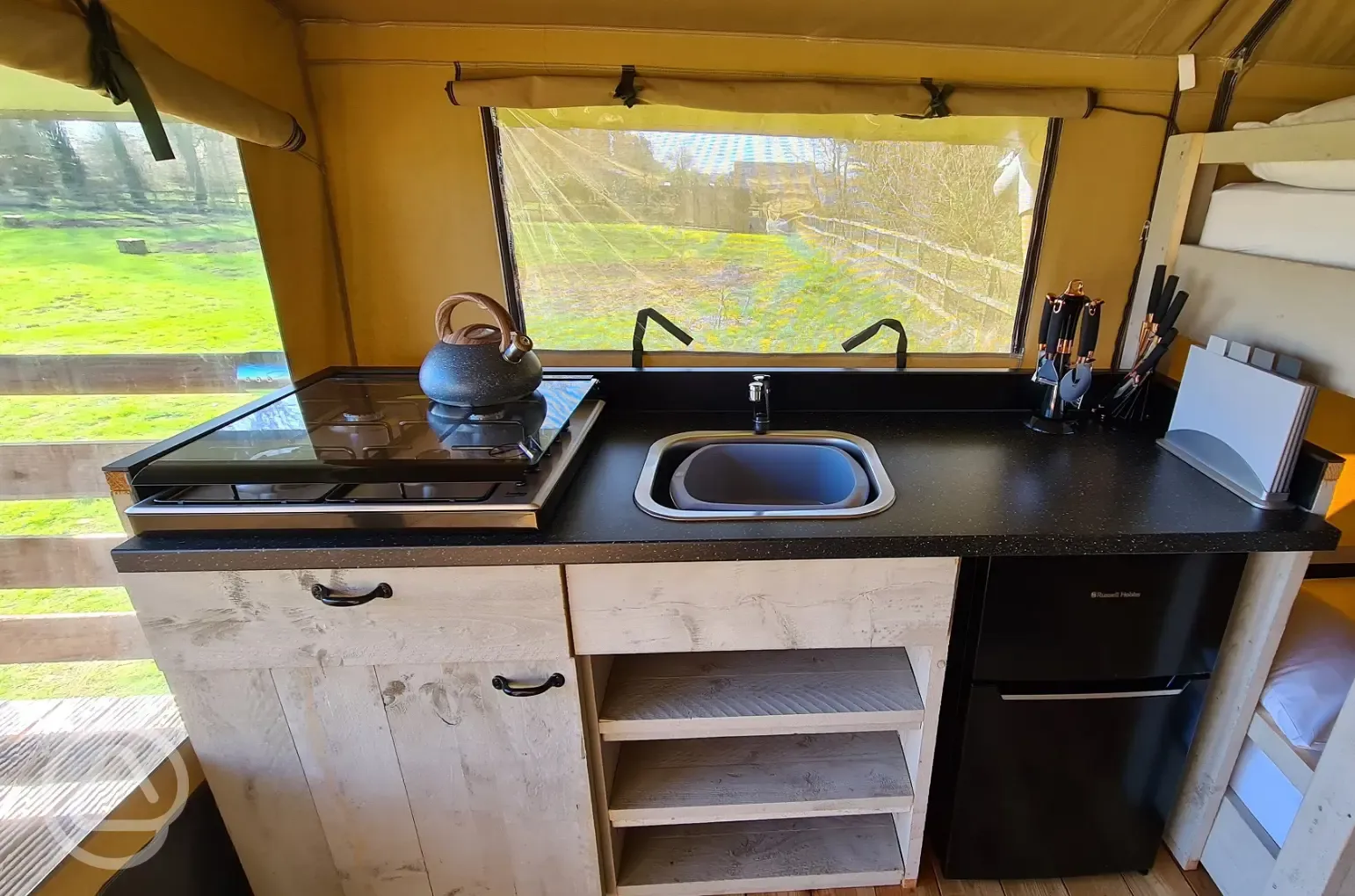Family safari tent kitchen
