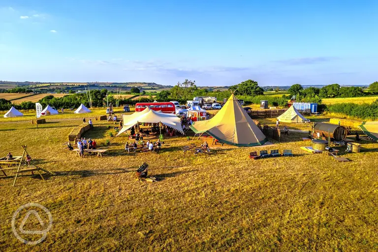 Aerial of Nesta Valley Camping with a festival-style bar