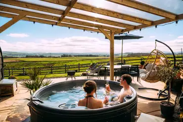 Private patios with hot tubs and cocoon swing chairs