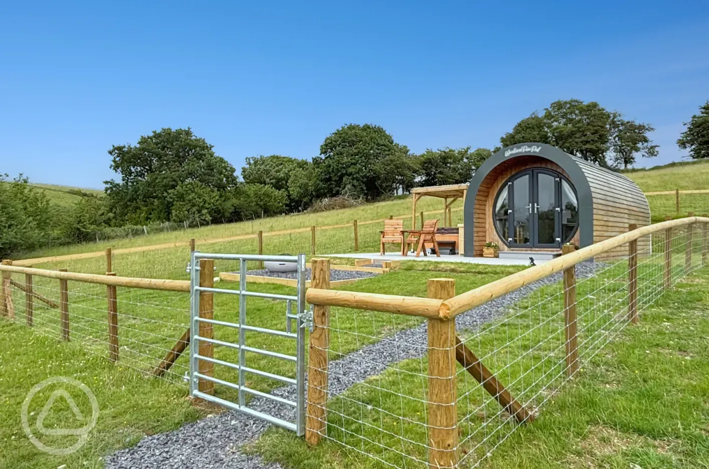 Glamping pod with enclosed garden, fire pit and hot tub