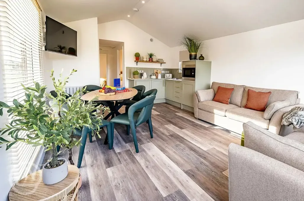 Cabin interior with sofa, TV, kitchenette Cabin interior with sofa, TV, kitchenette