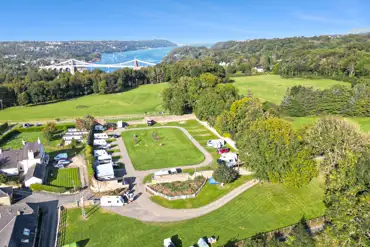 Aerial of Treborth Hall Farm Caravan Site and Menai bridge