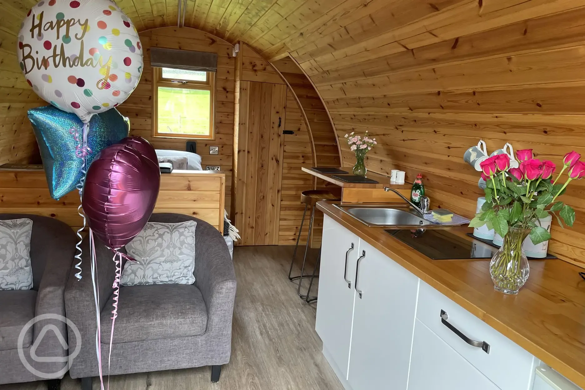 Embden glamping pod interior with hired celebrations