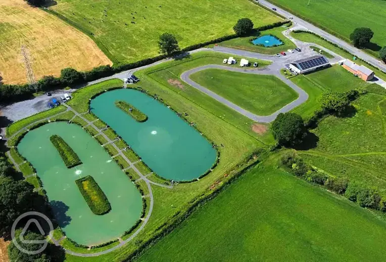 Aerial of the campsite and fishing pools