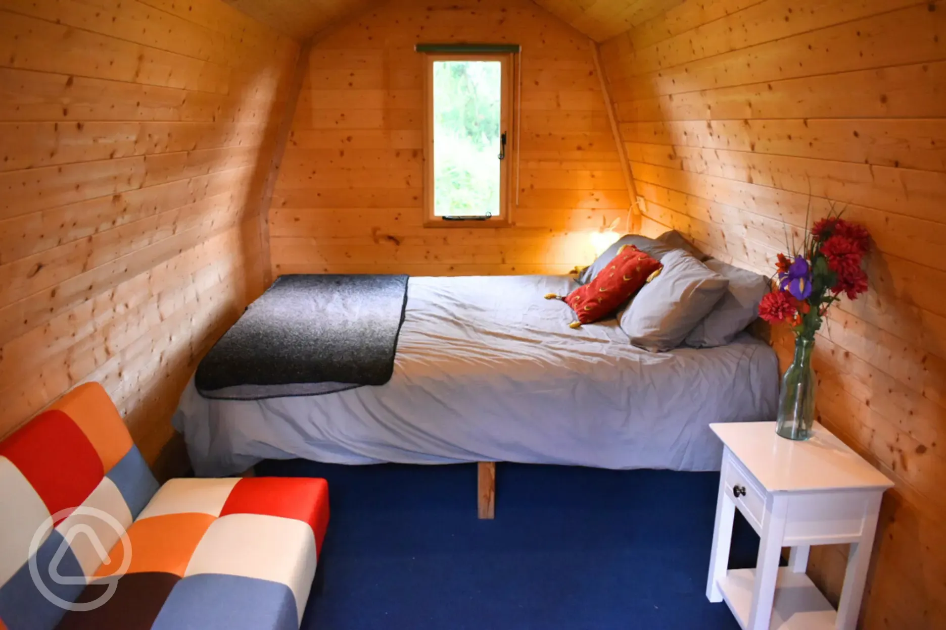 Valerie's pod interior with king sized bed (bedding included)