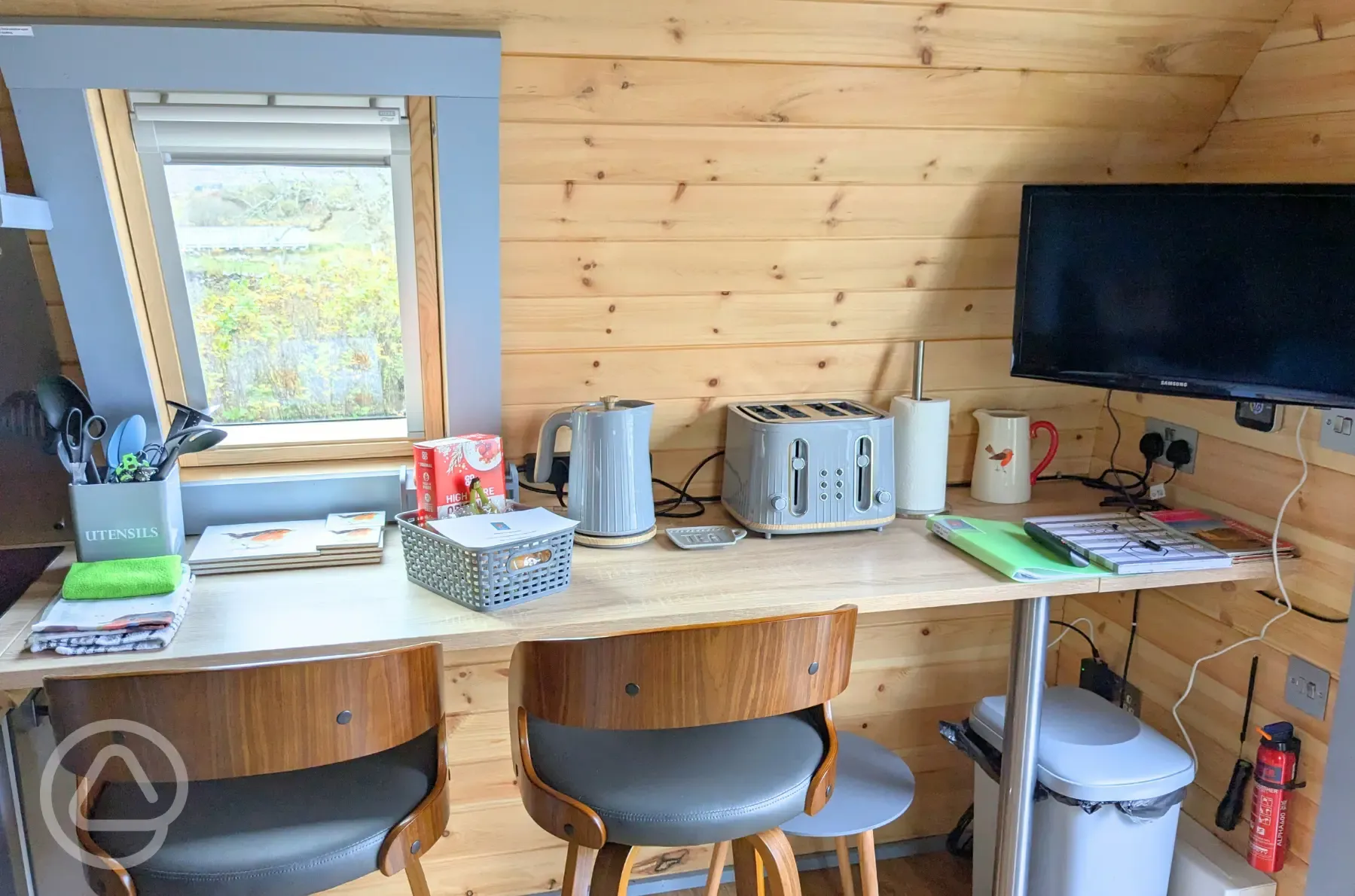 Robins Nest glamping pod breakfast bar and smart TV