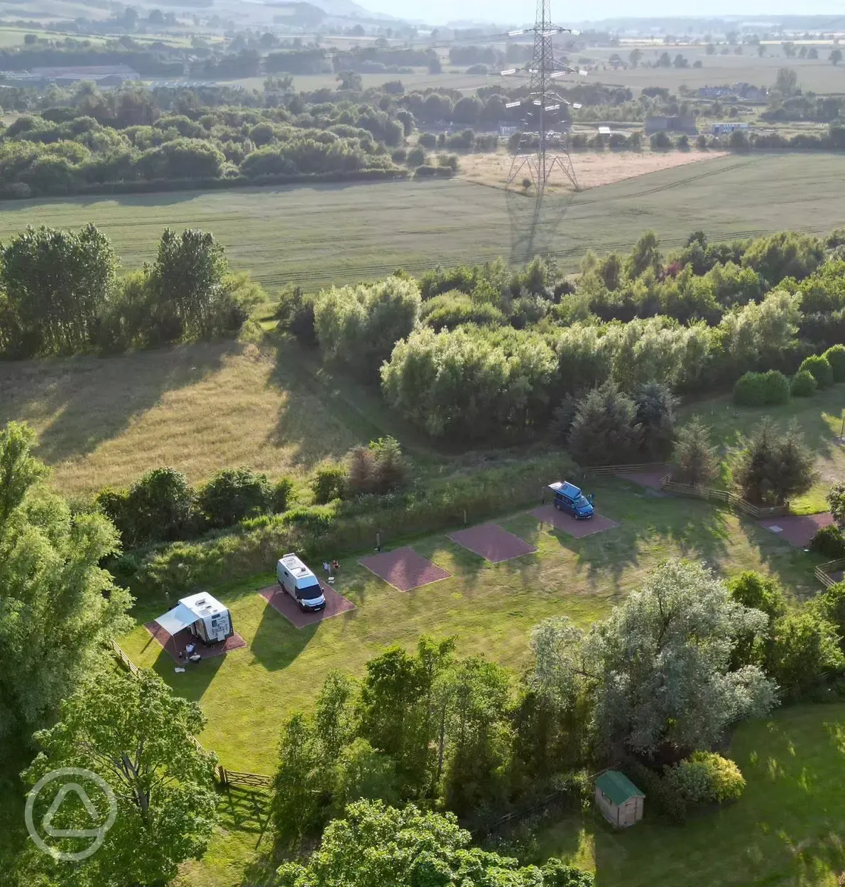 Aerial view of non electric hardstanding pitches at Culley's Meadow