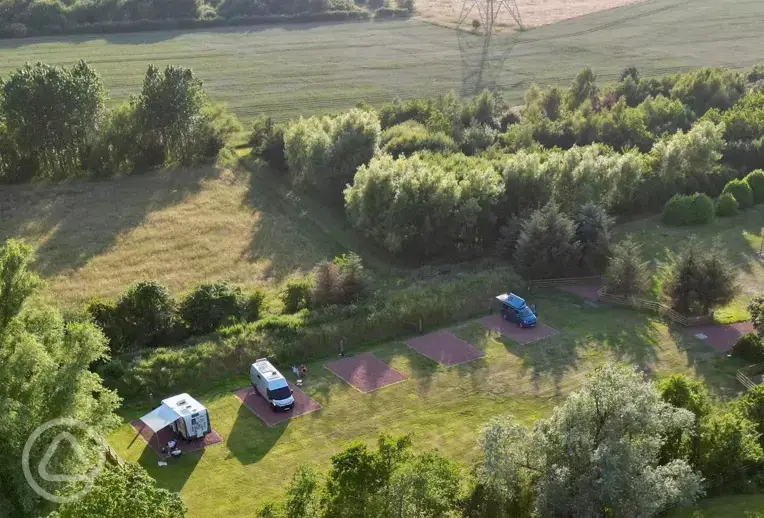 Aerial view of non electric hardstanding pitches at Culley's Meadow