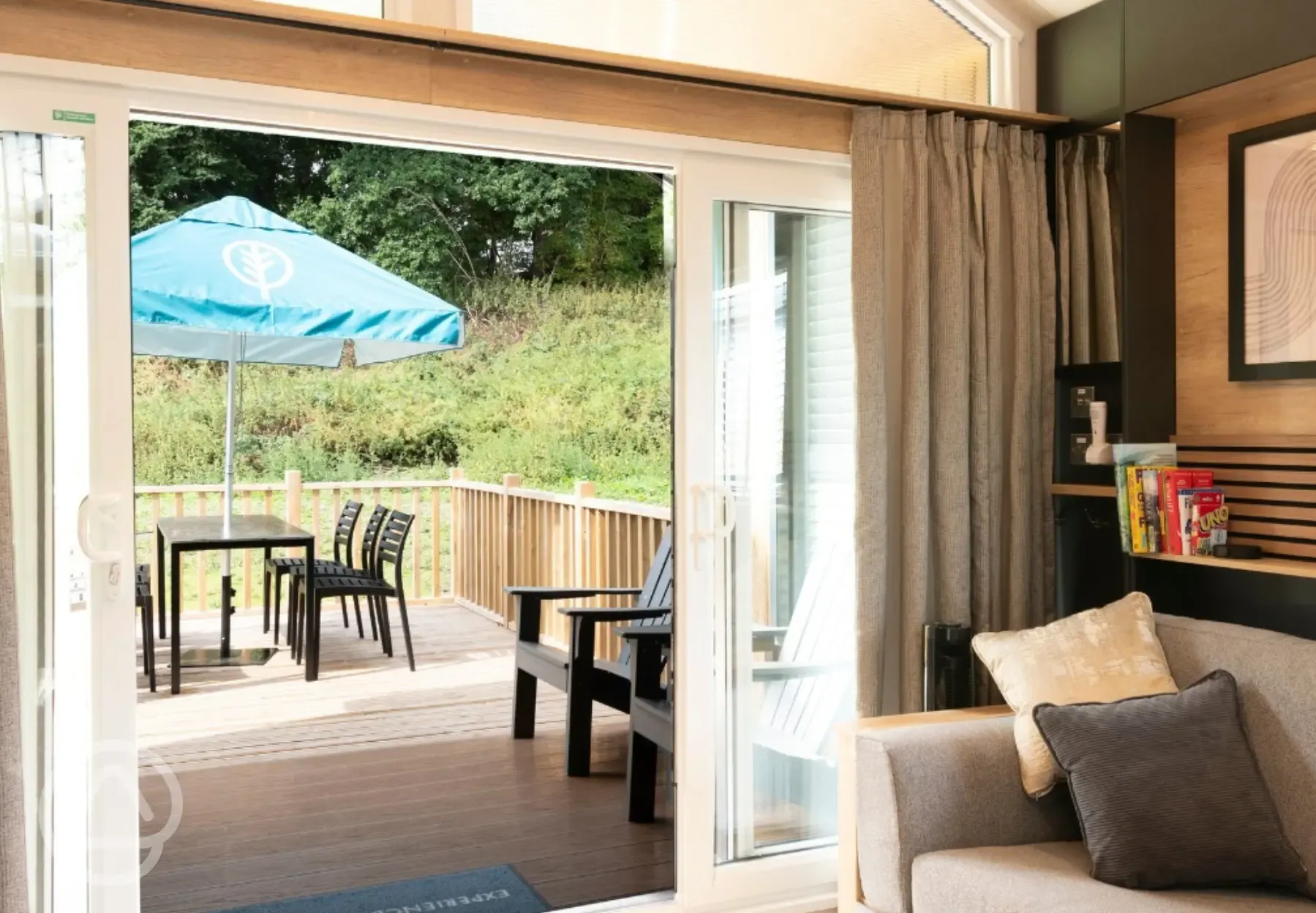 Superior glamping cabin view to the deck area