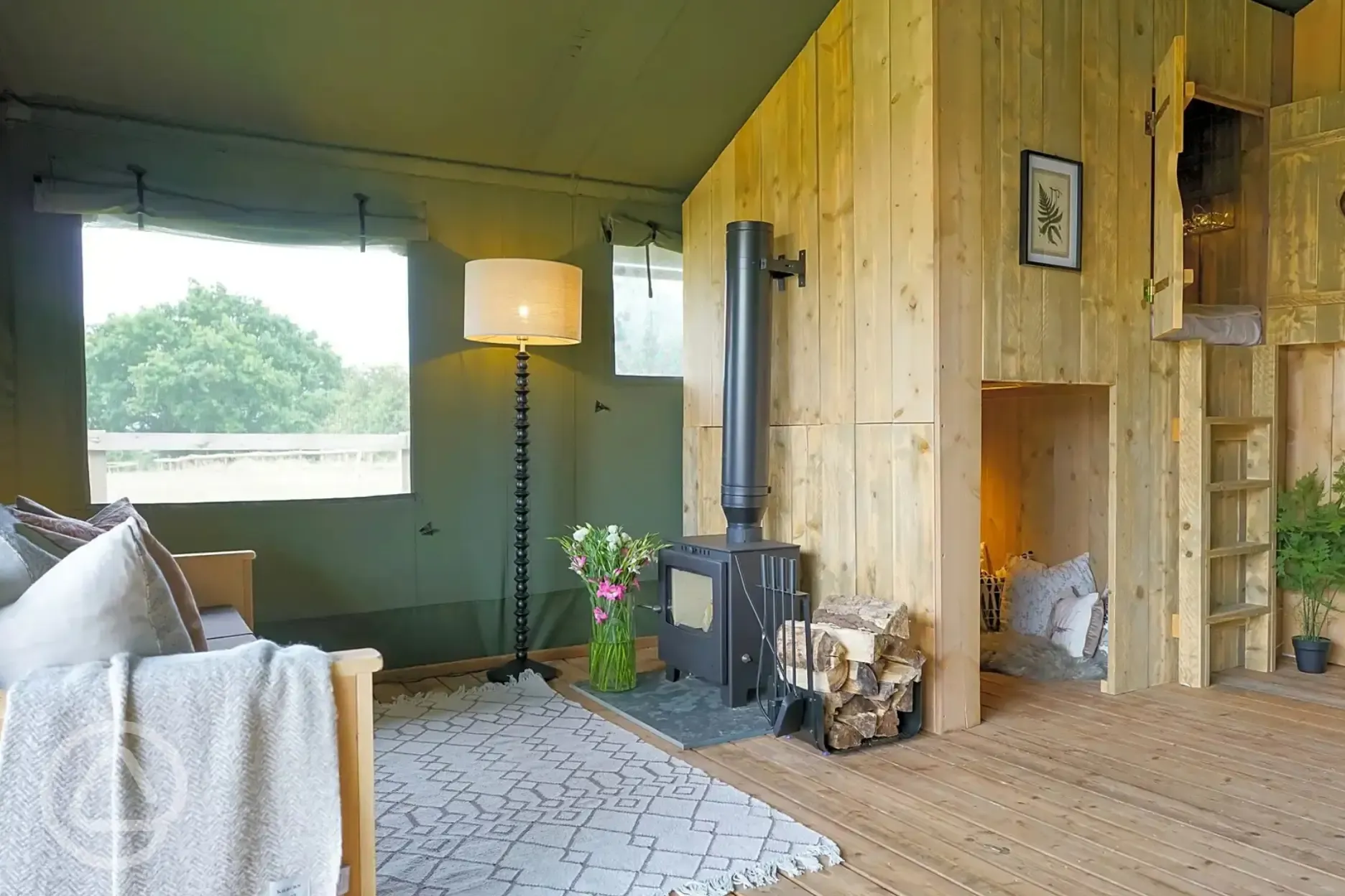 Large Deluxe safari tent with a wood burner and double cabin bedroom