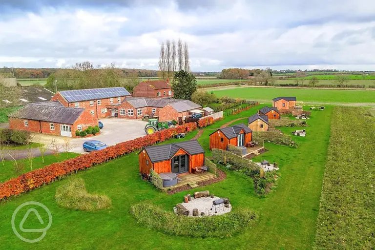 Aerial of the glamping cabin area of Wold Escapes