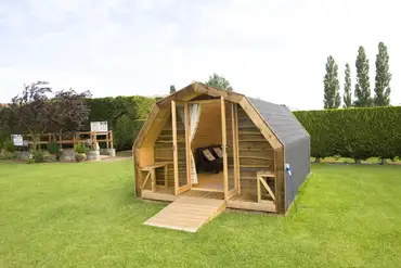 Camping pod with double glass doors and two single sofa beds