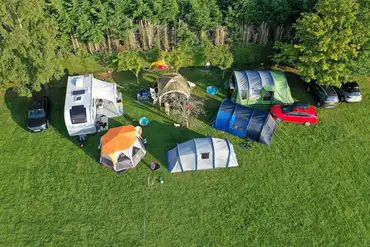 Aerial of the grass pitches with groups welcome