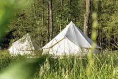 Bell tents on a wooden platform at Meadowfields Campsite Bell tents on a wooden platform at Meadowfields Campsite