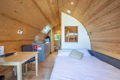 Five person glamping pods with a double bed, single bunk and double sofa bed