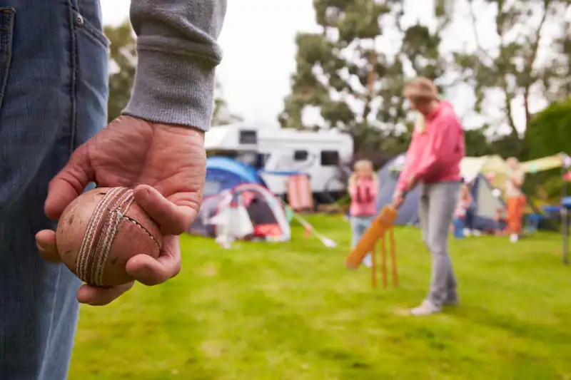Family cricket match campsite essential activity
