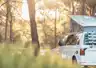 Campervan in bright woodlands
